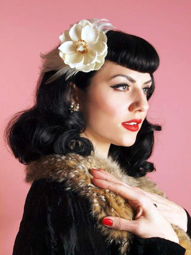 Bybrana Hair 50s Rockabilly Vintage Wavy Black Wig With Bangs - Bettie Page Wig for Woman - Cosplay & Daily Use (14'')
