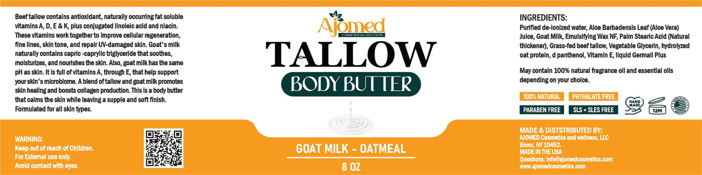 AJOMED COSMETICS Tallow and goat milklBody Butter, Natural Moisturizing Cream for Dry, Itchy, Cracked Skin, Handmade Diaper Rash (Unscented)