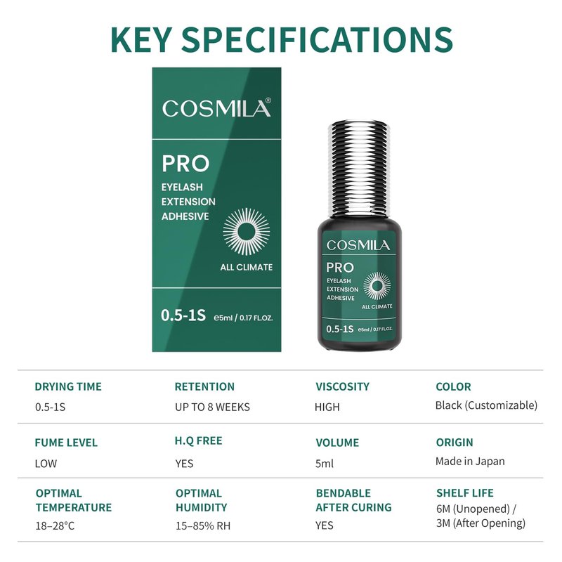 COSMILA Pro Eyelash Extension Glue – HQ Free – 99.8% Japan Monomer, Ultra-Stable – All-Climate, Sensitive-Friendly, Extra Strong – 8 Weeks Retention – for Lash Technicians – 5ml (0.5-1s)