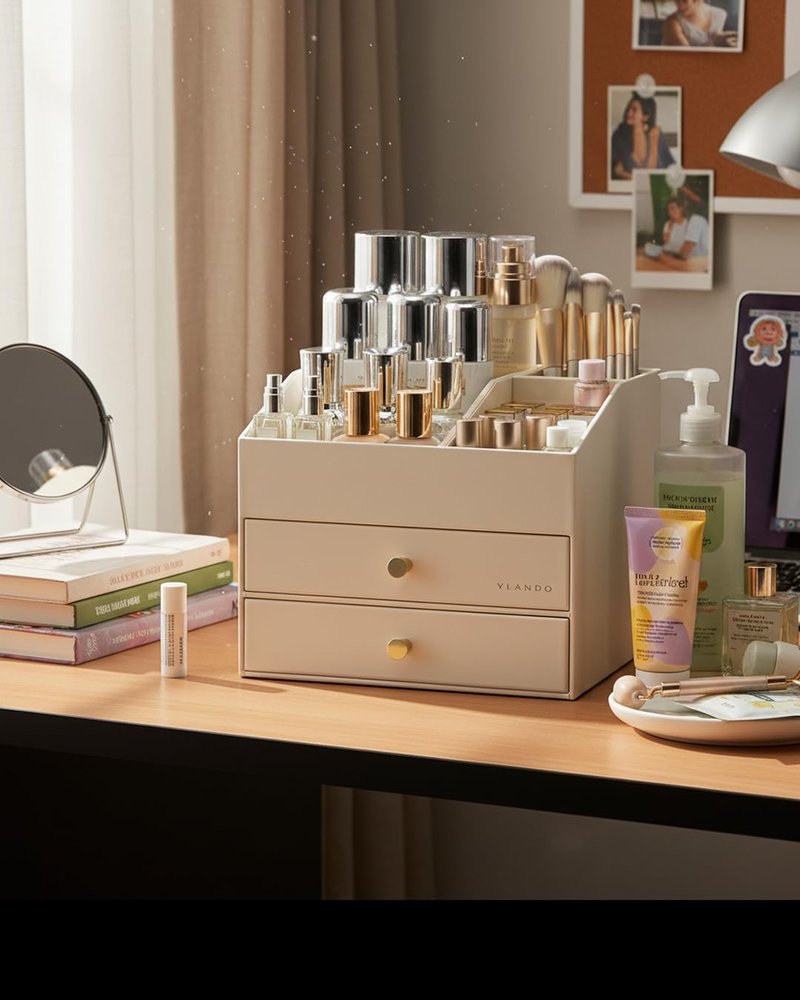 VLANDO Makeup Organizer for Vanity,Large Capacity Bathroom Counter Organizer with Drawers,PU Leather Skin Care Storage for Lipstick,Brushes,Perfumes (Beige)