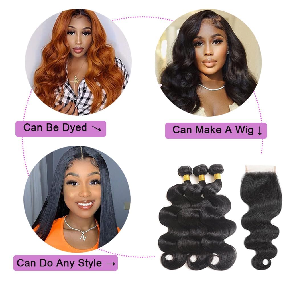 Bundles with Closure Human Hair Body Wave 10 10 10+10 Inch 100% Unprocessed Brazilian Virgin Human Hair 3 Bundles with Closure Human Hair Extensions with 4x4 Free Part Lace Closure Natural Black