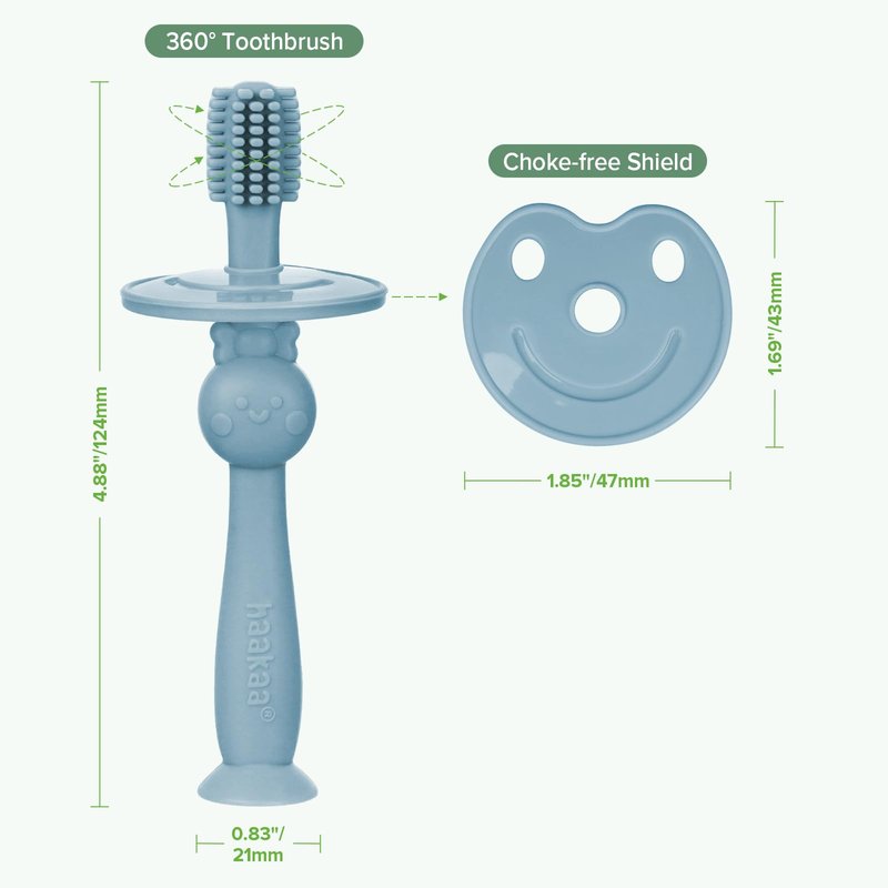 haakaa 360° Baby Toothbrush with Suction Base - Gentle Cleaning for Toddler's Self-Brushing Training, Food-Grade Silicone, Adjustable Safety Shield - Sky Blue (1 Piece)