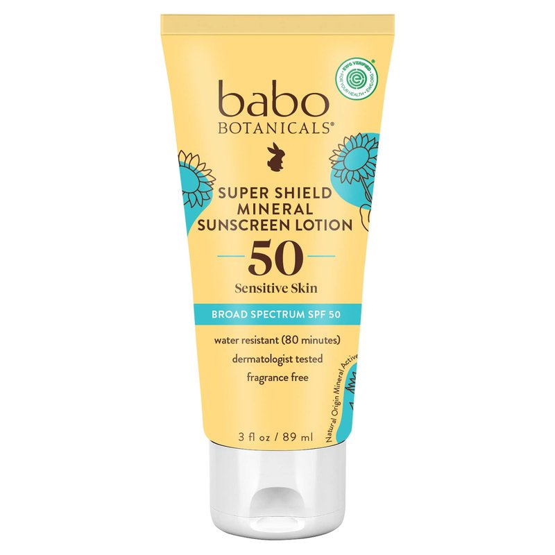 Babo Botanicals Sheer Mineral Sunscreen Lotion SPF 50 with 100% Mineral Active Ingredients for Babies, Kids or Extra Sensitive Skin, Lightweight, Water Resistant & Fragrance Free, Multicolor, Unscented, 3 Fl Oz