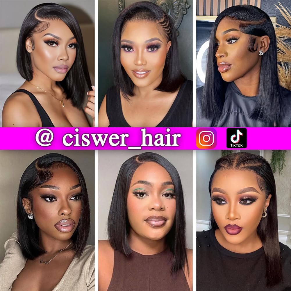 CISWER Short Bob Wig Human Hair Straight 13x4 Lace Front Wig Human Hair Bob Wigs for Black Women Glueless 180 Density Black Wig 12 Inch