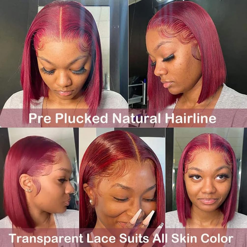Jinhongze Burgundy Bob Wig - 4x4 Lace Front Bob Wig for Black Women - Glueless & Pre-Plucked - 150% Straight - 10 Inch
