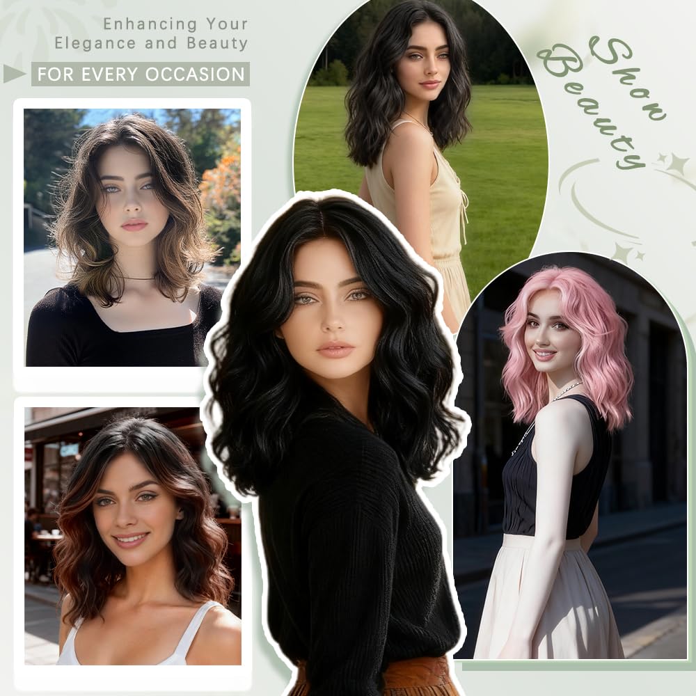 GUDOZO Short Wavy Wig for Women 14Inch Shoulder Length Curly Wavy Bob Synthetic Heat Resistant Fiber Wigs for Daily Party Use Black Mix Brown