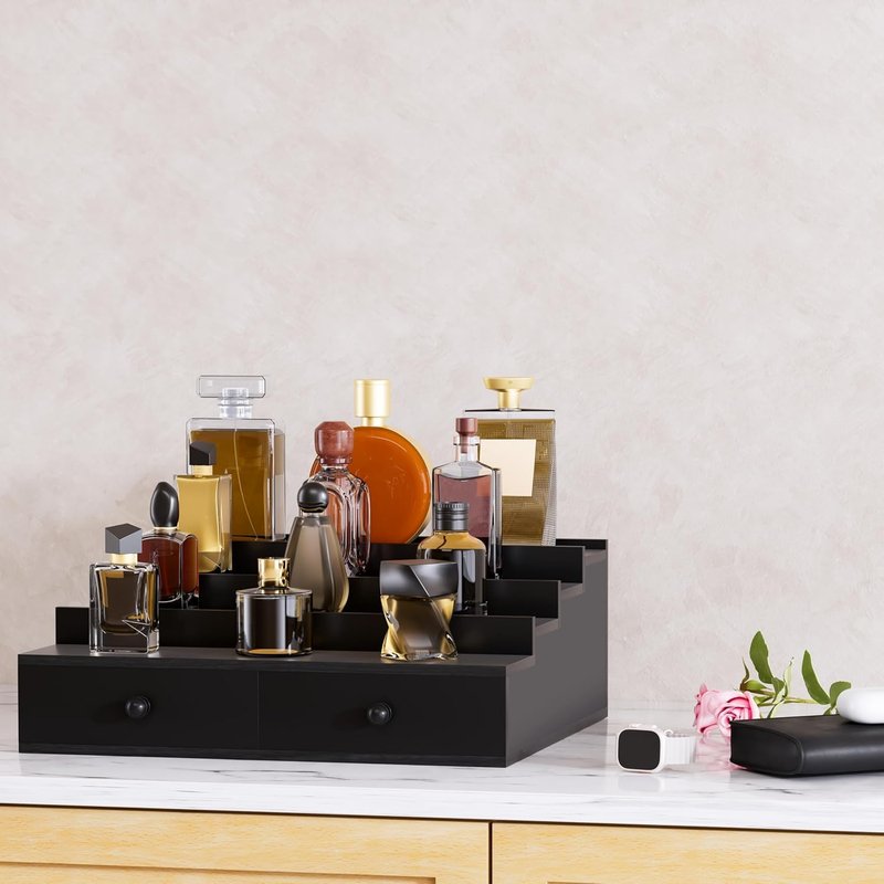 Boulphia 4 Tier Wooden Cologne Organizer with Drawer Storage and Hidden Compartment, Black Perfume Display Stand