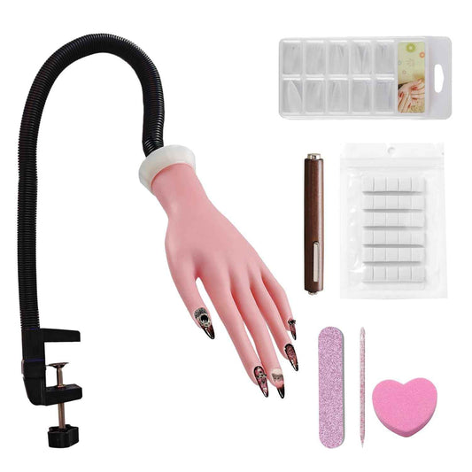 Acrylic Nail Practice Hand Kit with 100 Tips, Adhesive & Cat Eye Magnet - Bendable Manicure Trainer