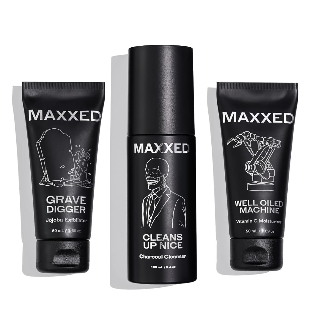 MAXXED Acne Essentials Skincare Kit - Charcoal Face Wash, Vitamin C Moisturizer and Jojoba Face Scrub for Oily Skin, Breakouts, Razor Bumps, Dullness - Daily Skin Care Routine Set of 3
