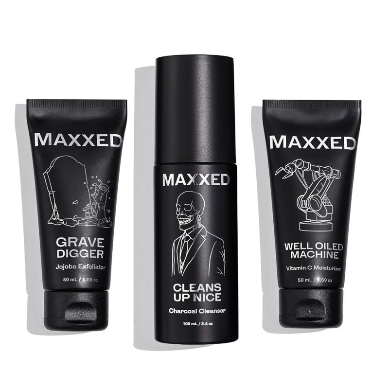 MAXXED Acne Essentials Skincare Kit - Charcoal Face Wash, Vitamin C Moisturizer and Jojoba Face Scrub for Oily Skin, Breakouts, Razor Bumps, Dullness - Daily Skin Care Routine Set of 3
