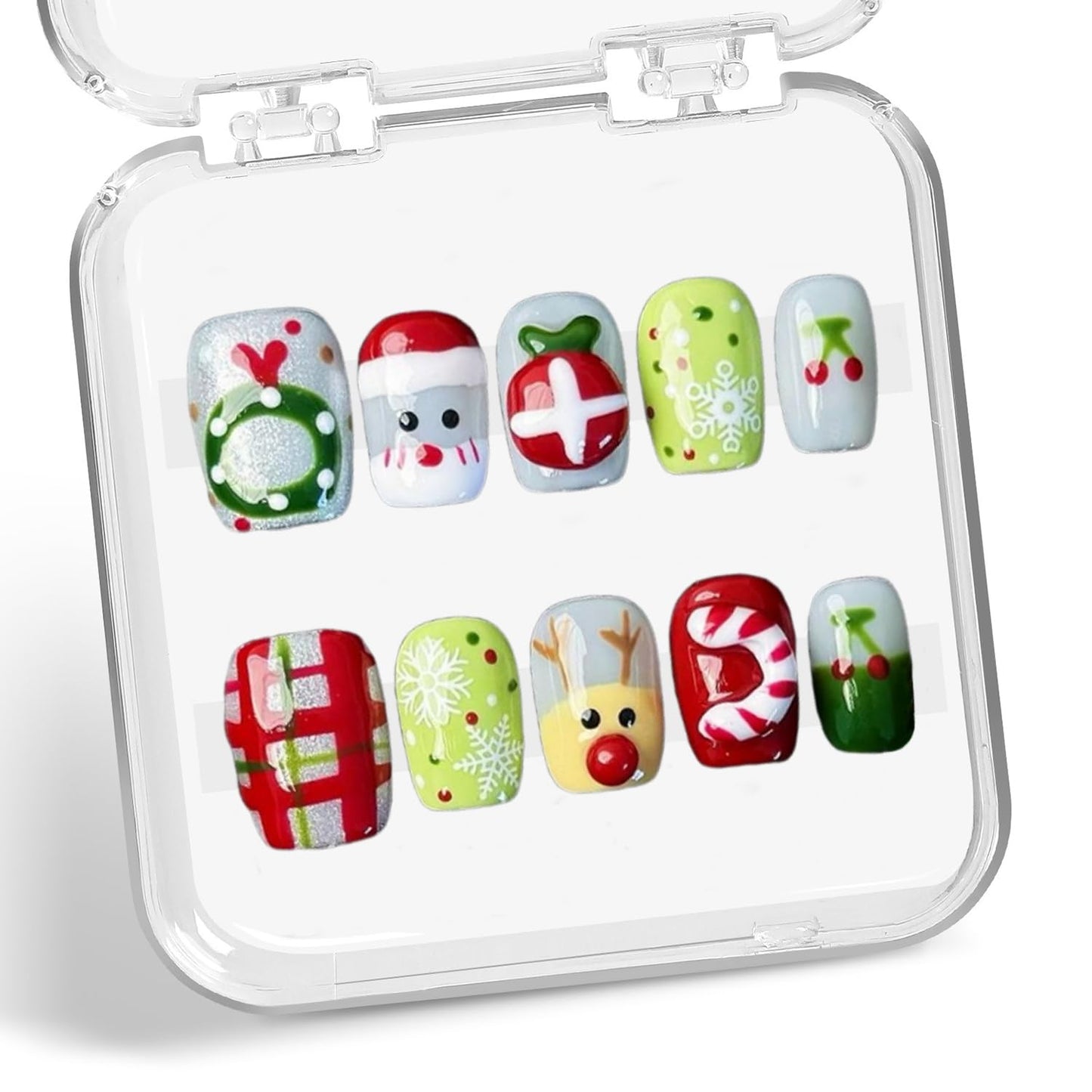 Christmas Press-On Nails - Short Square Gel Full Cover with Reindeer & Santa Designs