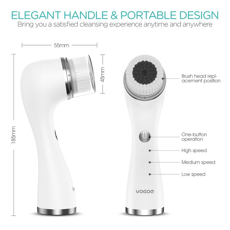 VOGOE Facial Cleansing Brush Rechargeable, Spin Face Wash Brush IPX7 Waterproof Electric Face Scrubber Exfoliator, 3 Speeds & 5 Brushes for Cleansing and Exfoliating, White