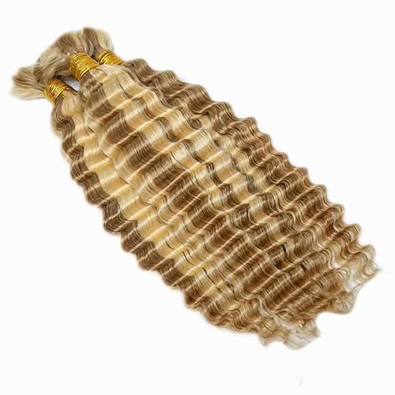 P27/613 Blonde Human Braiding Hair Deep Wave Bulk 28 28 28 Inch Human Hair Weave 3 Bundle Unprocessed Brazilian Virgin Hair Highlight Blonde Deep Wave Braiding Hair Extensions 50 Grams/Bundle