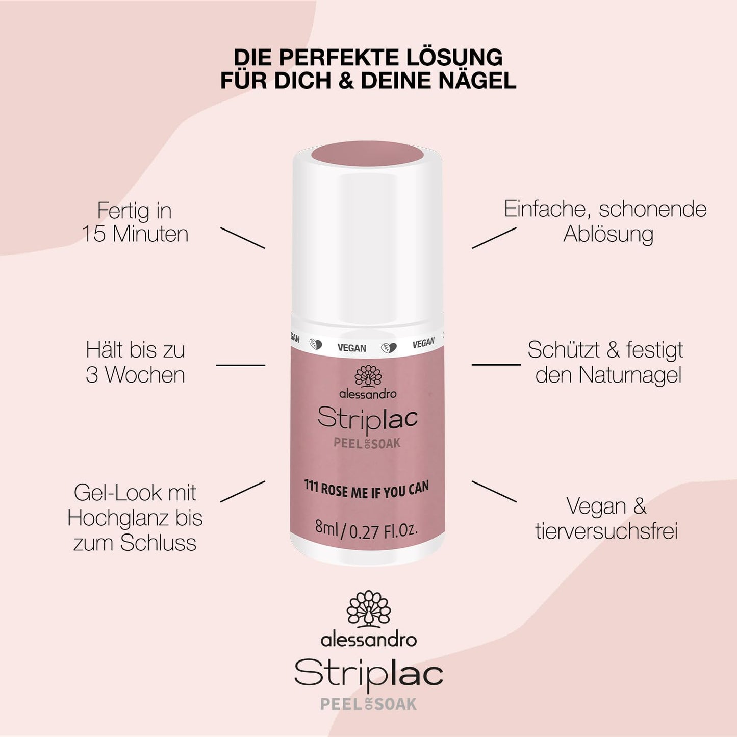 Alessandro Striplac Peel or Soak Nail Polish - Quick Dry, Long-Lasting, Vegan - Rose Me If You Can, 0.27 oz