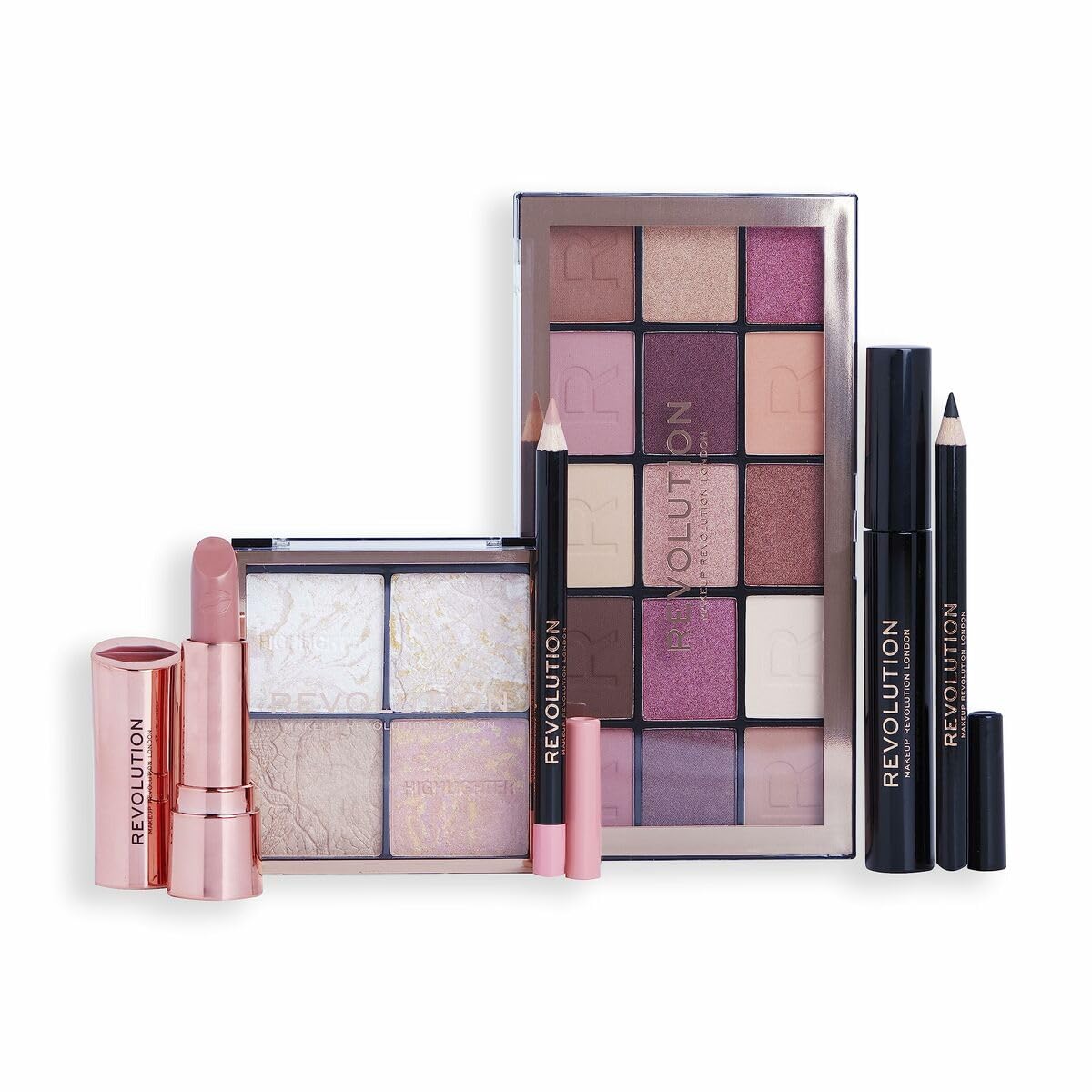 Makeup Revolution Get The Look Gift Set - Party-Ready Eye Palette, Eyeliner, Lipstick, Mascara & Highlighter | Various Shades