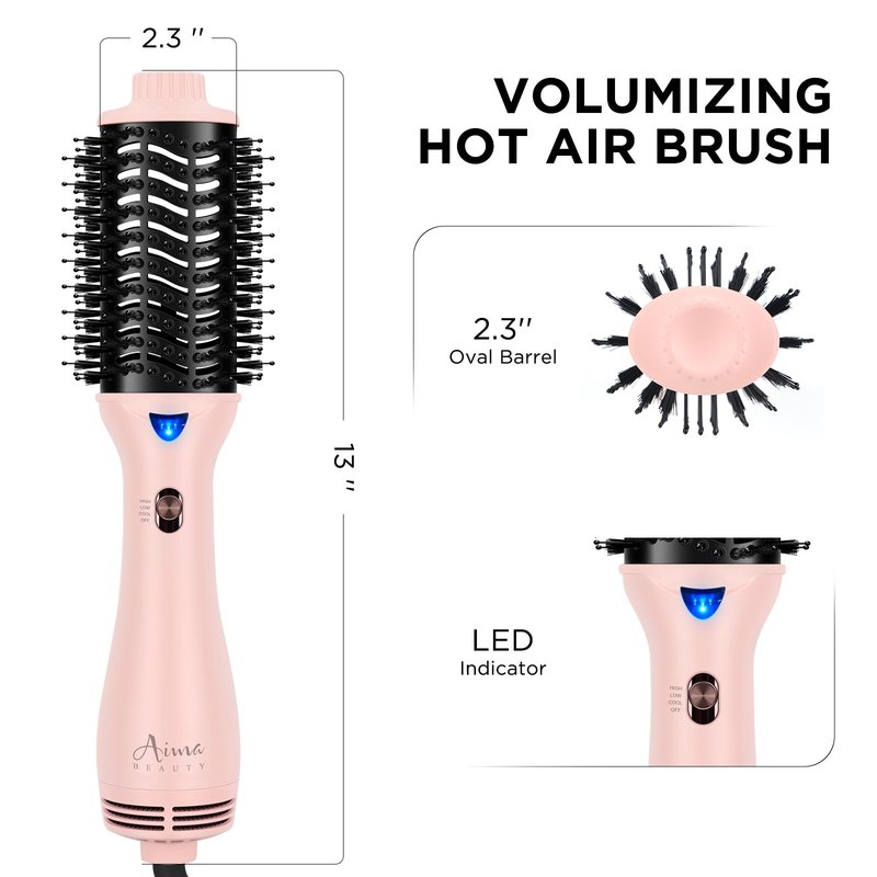 Aima Beauty Blow Dryer Brush - Ionic Ceramic Hot Air Brush for Frizz-Free Straightening & Voluminous Blowout, 2.3‘’/ 60mm Oval Barrel with Nylon Bristles, 360 Surrounded Vent, 3 Heat Settings, Pink