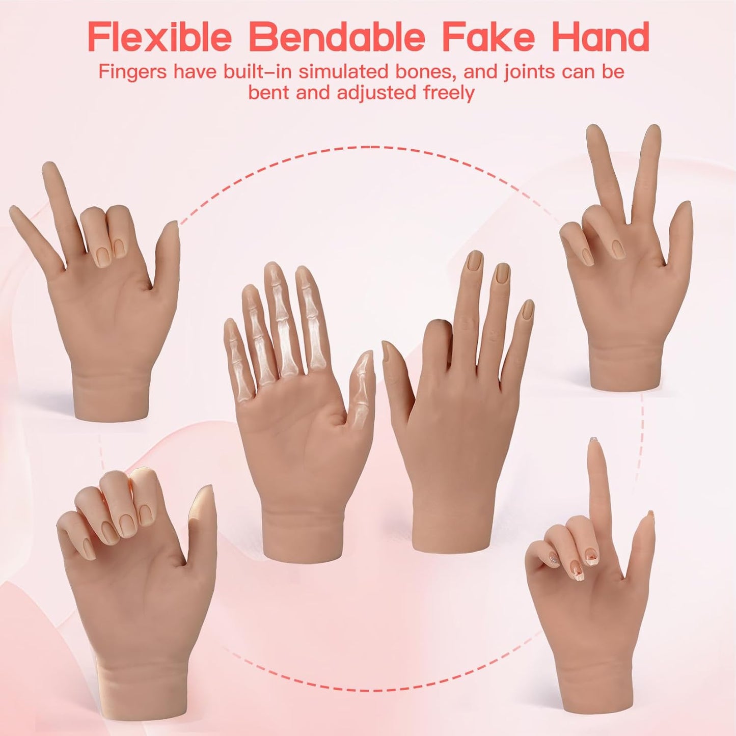 Flexible Silicone Practice Hand for Acrylic Nails with 528 Nail Tips & Stand