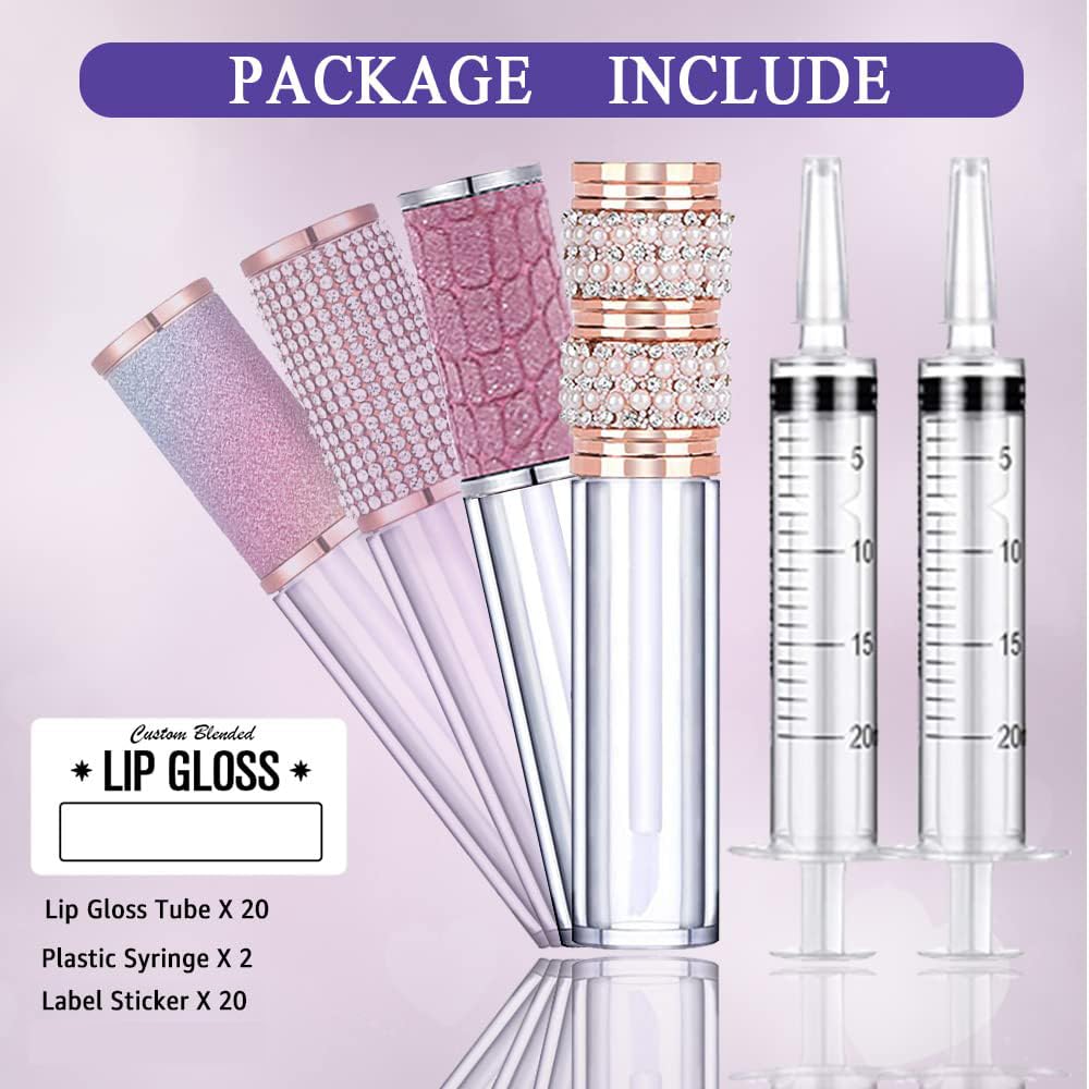 AMORIX 20 Pack Diamond Lip Gloss Tubes with Wand 5ml Empty Rhinestone Cute Lipgloss Bottles/Containers Crystal Lip Gloss Supplies Kit + 2pcs Syringes + Labels for DIY Lip Gloss Base