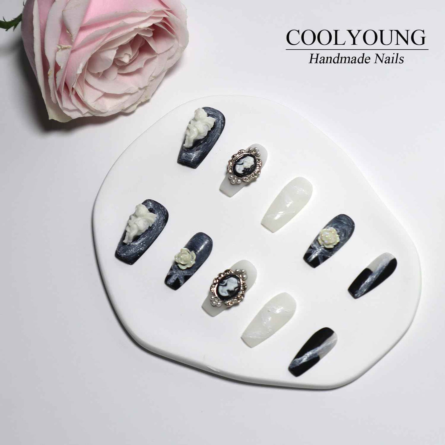 Blue Almond Press-On Nails - 10 PCS Handmade Acrylic Fake Nails for Women