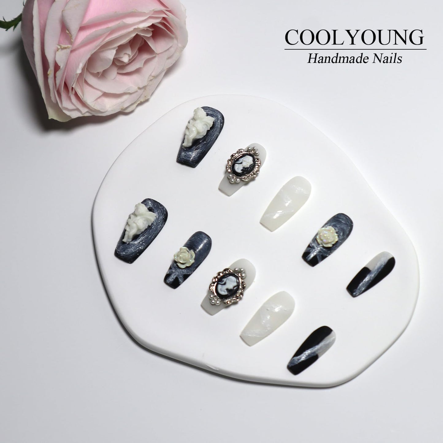 Blue Almond Press-On Nails - 10 PCS Handmade Acrylic Fake Nails for Women