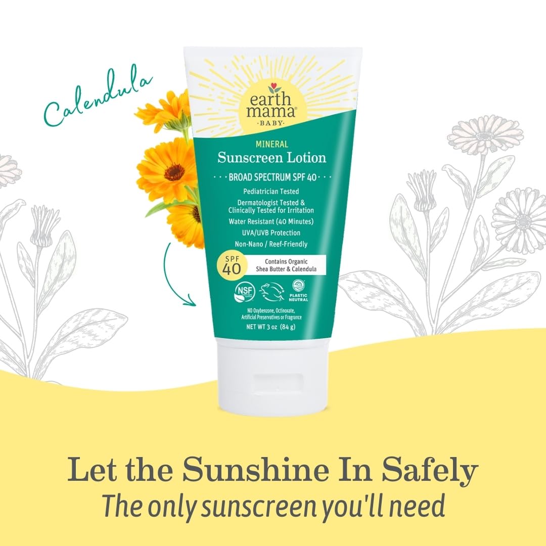 Earth Mama Baby Mineral Sunscreen Lotion SPF 40-3 oz - Non-Nano Zinc - Broad Spectrum for Babies, Kids & Family - Water Resistant Sun Protection