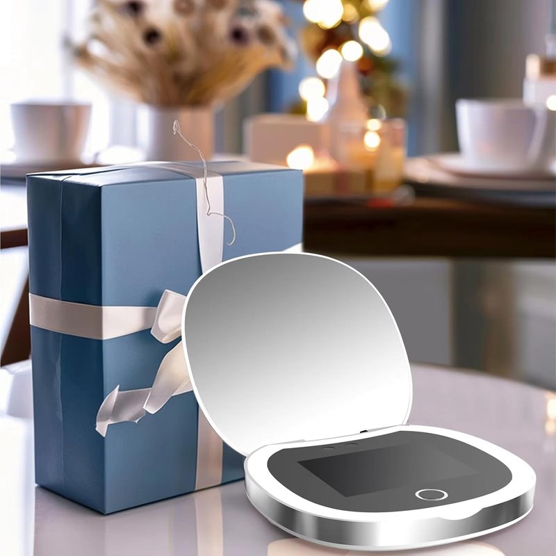 Portable LED Beauty Mirror - Smart UV Sunscreen Tester & 360° Adjustable Camera for Skin Protection | Ideal for Travel & Makeup