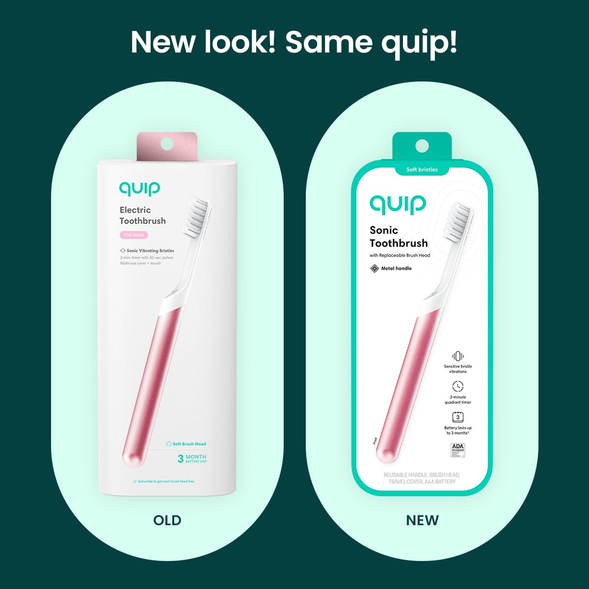 Quip Sonic Toothbrush for Adults - Timed Electric Toothbrush with Cover - Replaceable Brush Head, Soft Bristles, Metal Handle, 3 Month Battery Life - Travel Toothbrush - Pink