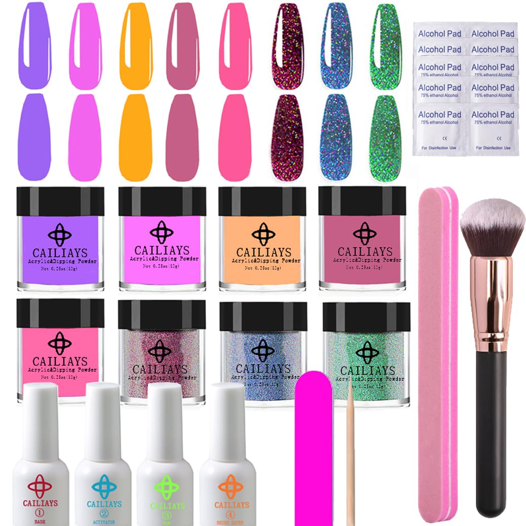 26-Piece Dip Powder Nail Kit - 8 Glitter Colors, Base & Top Coat, No Lamp Needed