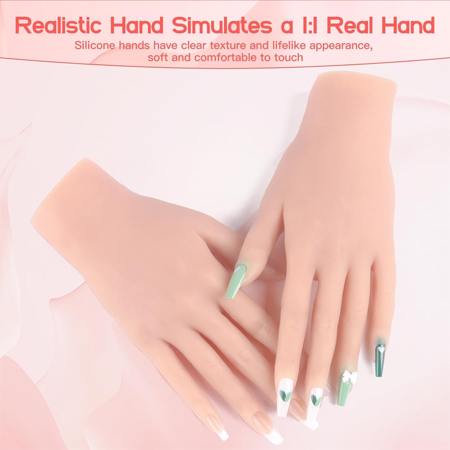 Flexible Silicone Practice Hand for Acrylic Nails with 528 Nail Tips & Stand