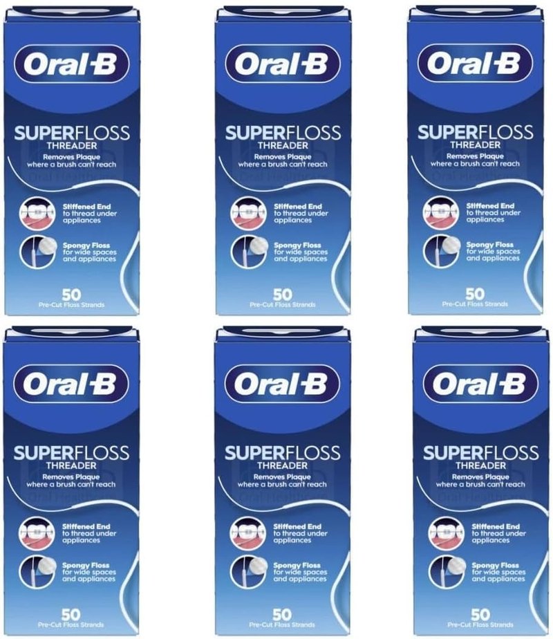 Oral-B Super Floss Threader Dental Floss, Pre-Cut Strands, 50 Count (Pack of 6) – Mint Flavor (Packaging May Vary)