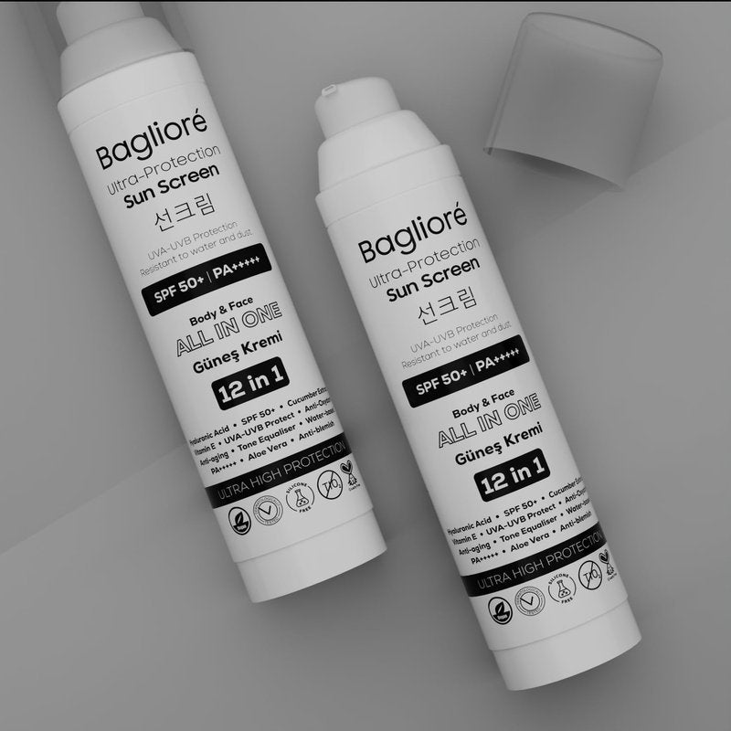 Bagliore Ultra-Protection Sunscreen, SPF 50+, Moisturizer with Zinc Oxide & Hyaluronic Acid, PA+++++, 12 in 1, Body & Face, 3.38 fl oz