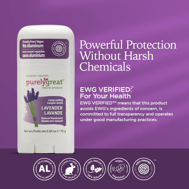 Purelygreat Lavender Scented Women & Men Natural Deodorant Stick | Travel Friendly Hygiene Essential | Parabens & Aluminum Free Clean Deodorant for Women & Men - 2.64 oz / 75 g
