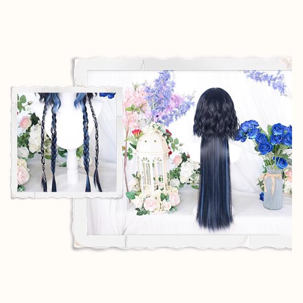 TEDPRBGE Women Curly Wig Jellyfish Head Wig Hime Cut Wigs Braids Sweet Lolita Princess Wigs for Daily Party (Black Blue)