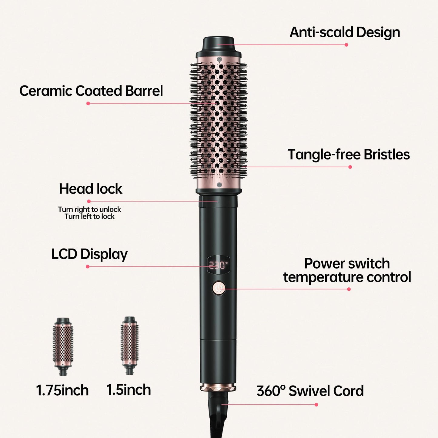 2in1 Negative Ion Thermal Brush -Heated Round Brush, Curling Iron 1 1/2 Inch& Curling Iron 1 3/4 Inch, 5 Temperature Settings,Dual Voltage
