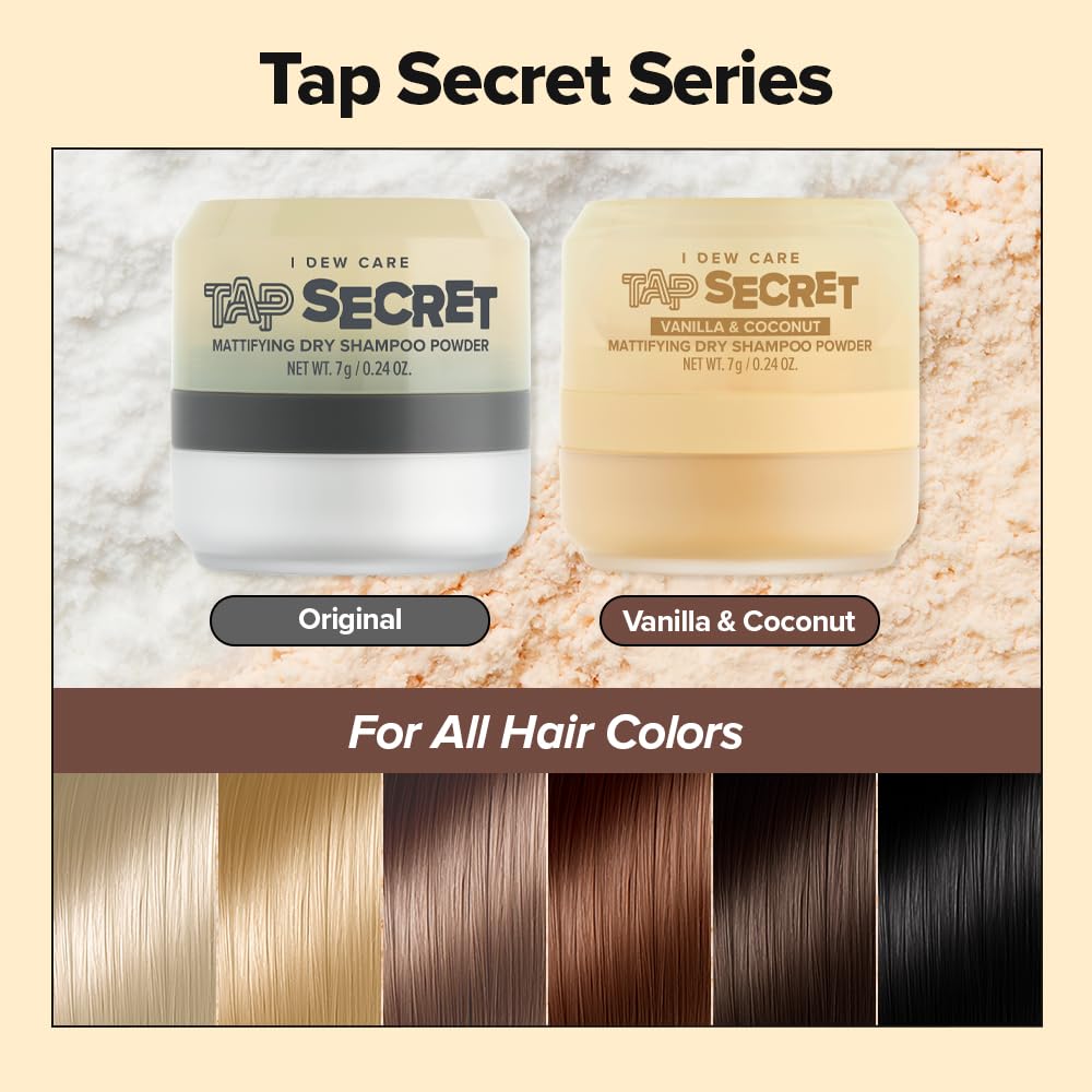 I DEW CARE Tap Secret Dry Shampoo Powder with Biotin & Korean Ginseng - Natural Non-Aerosol Dry Shampoo for Women | Warm Vanilla & Coconut Scent, Volumizing Hair, Travel Size, Stocking Stuffers 0.24Oz