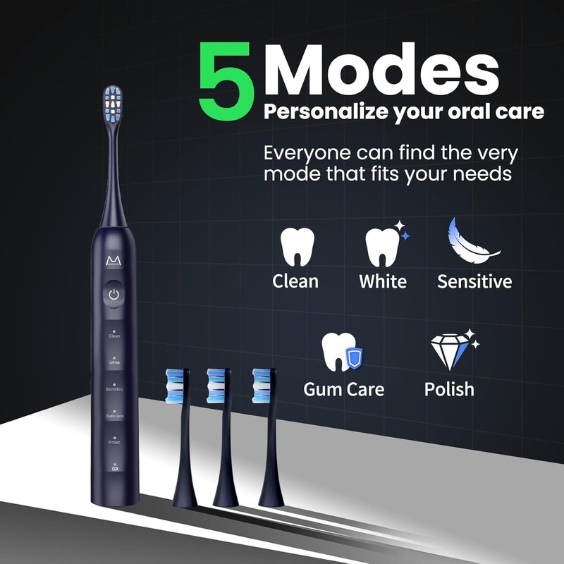 Sonic Electric Toothbrush for Adults - Rechargeable, 5 Modes, 48000VPM Motor | IPX8 Waterproof, 4 Brush Heads, Black