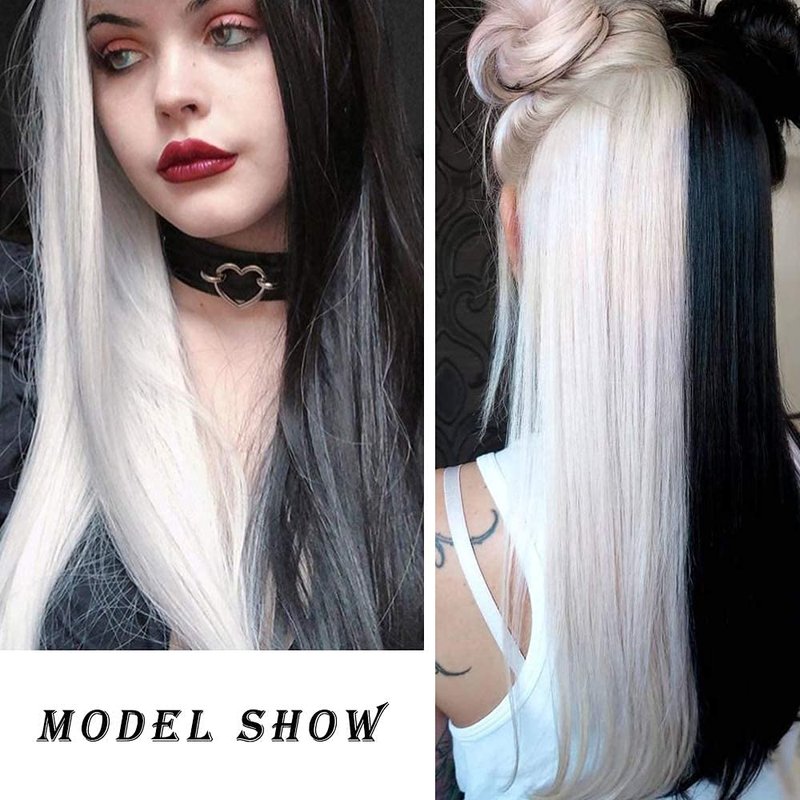 Sylvia 24inches Half Balck and Half White 2 Tones Side Parting Naural Glueless Hairstyle Heat Resistant Synthetic Lace Front wigs for Women