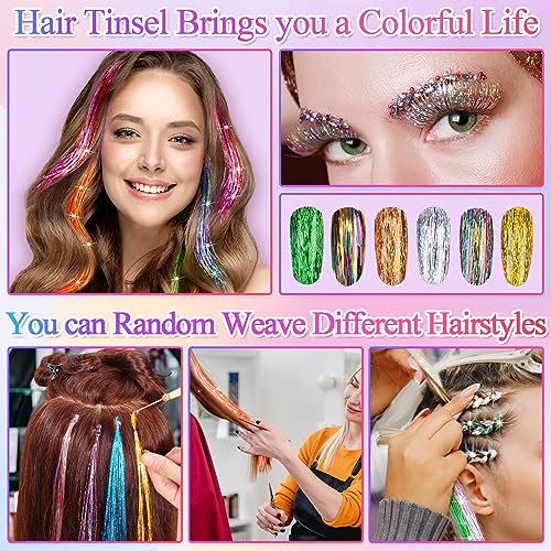 25Colors Fairy Hair Tinsels Kit 5000 Hair Glitter Strands 48Inch Heat Resistant Tinsel Hairs Extension Sparkling Shiny Highlights Hairs Tinsel with Tools for Christmas Halloween New Year Cosplay Party