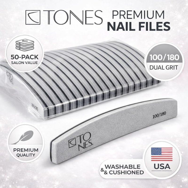 TONES 10pcs Professional Nail Buffer 100/180 - Double Sided Fingernail Files Ergonomic Emery Boards for Natural Acryliuc Gel Nails, Perfect Shaper for Pedicure & Manicure or DIY Nails at Home