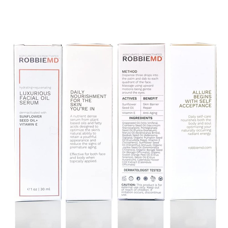 RobbieMD Luxurious Facial Oil Serum, Cold Pressed Organic Sunflower Oil and Vitamin E for Deep Hydration, Soothe Protect Skin Barrier Even Out Skin Tones (1 oz/30 ml)