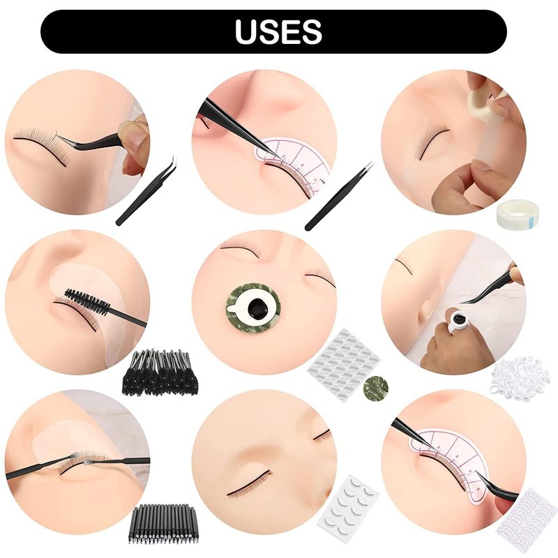 Lash Extension Practice Kit, Eyelash Extension Training Kit for Beginners, Professional Eyelash Mannequin Head Set with Lash Fan, Lash Shampoo, Lash Adhesive, Glue Rings and Lash Mirror (Black)