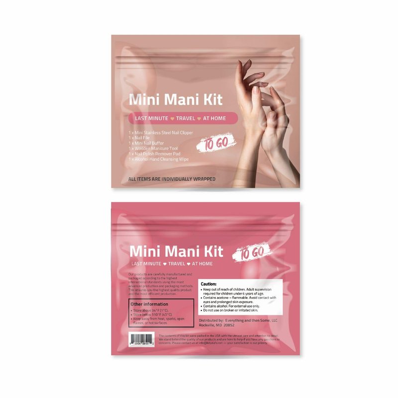 Mini Mani Kit – Disposable Manicure Set with Nail Clipper, File, Buffer, Cuticle Stick, Remover Pad & Alcohol Wipe – Single-Use Nail Care Kit for Travel, Events, or Bulk Hygiene (Regular, 5, Count)