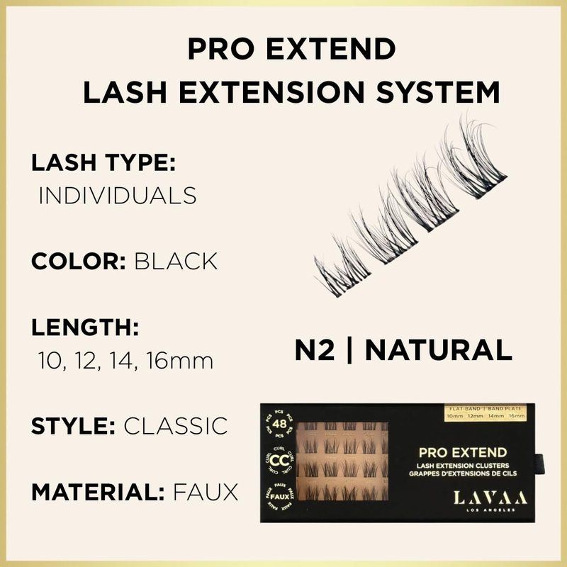 PRO Extend Lash System | 48 Lash Clusters in 4 lenghts: 10mm 12mm 14mm 16mm | Flat-Band All-Day Comfort | DIY Lash Extensions (N2 | NATURAL)