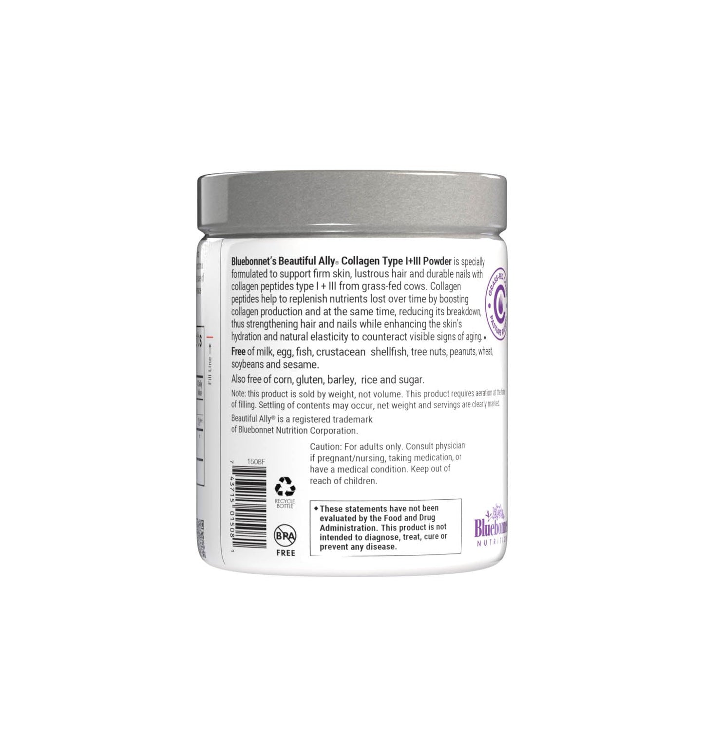 Bluebonnet Nutrition Beautiful Ally Collagen Powder, Hydrolyzed Collagen from Grass Fed Cows, Collagen Peptides Type 1 & 3, Non GMO, Gluten Free, Soy Free, Milk Free, 28 Servings, Unsweetened, 6.9 Oz