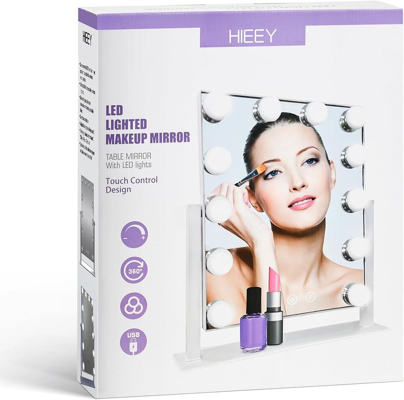Hollywood Vanity Mirror - 12 Dimmable Bulbs, 3 Color Modes, 5X Magnification | Smart Touch Control, 360° Rotation (White)