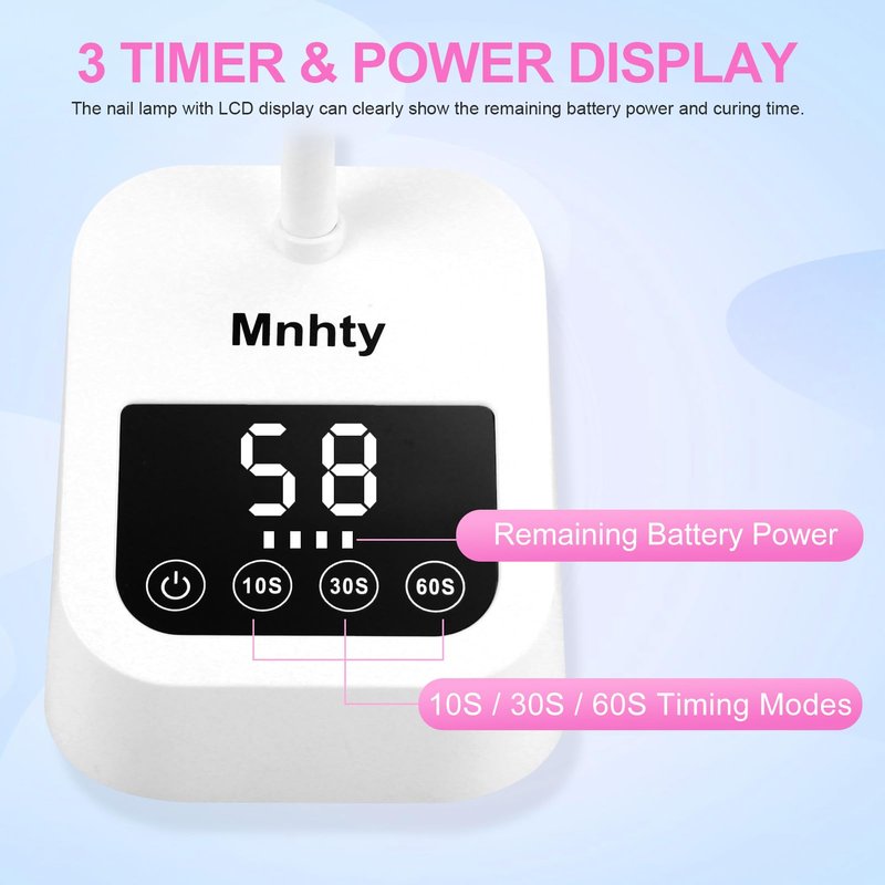 Mnhty U V LED Nail Lamp, Goose Neck Flash Cure Lamp 27W Rechargeable Mini U V Light for Gel Nails, Cordless Flash Cure Light with 3 Timers&Sensor, Fast Curing Gooseneck Lamps for Gel X, Snow White