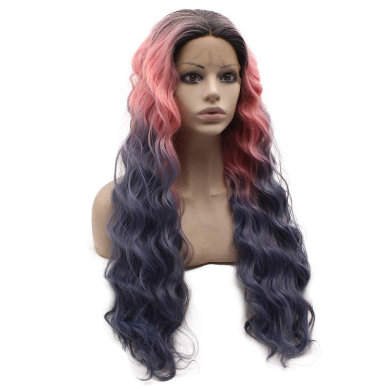 Long Dark Roots Pink Gray Ombre Cosplay Wig - Heat Friendly Lace Front