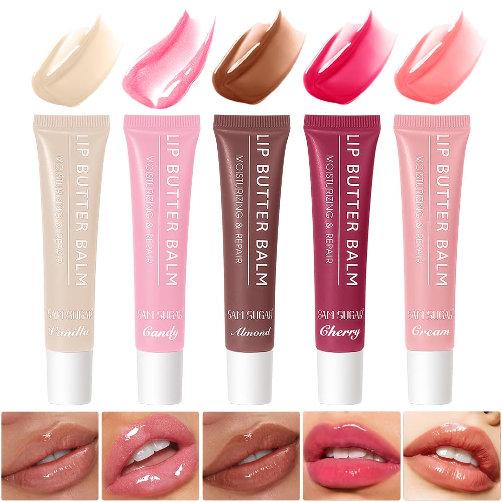 SAM SUGAR Lip Balm with Keychain Hydrating Tinted Lip Gloss, Moisturizing Lip Butter Balm with Natural Shine, Non-Sticky Lip Care for Dry Lips (Pink)
