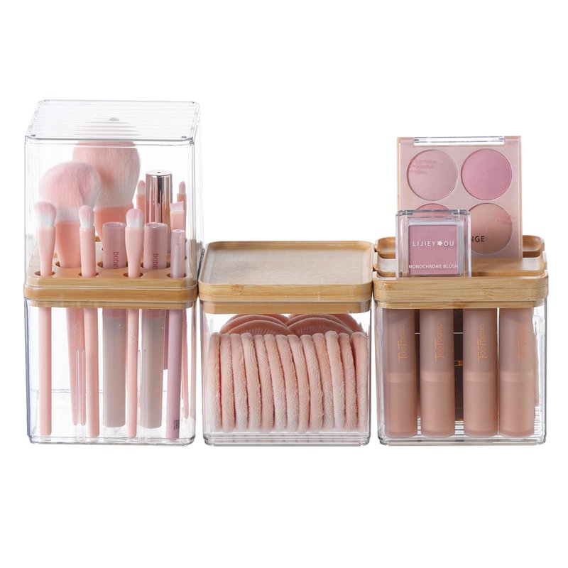 Makeup Brush Holder Comb with Cover Makeup Containers Organizers Set Makeup Holder Box Cosmetic Case With Lid Waterproof Dustproof Beauty Skincare Organizer Bathroom Vanity Countertop,Gift,Clear,3PCS