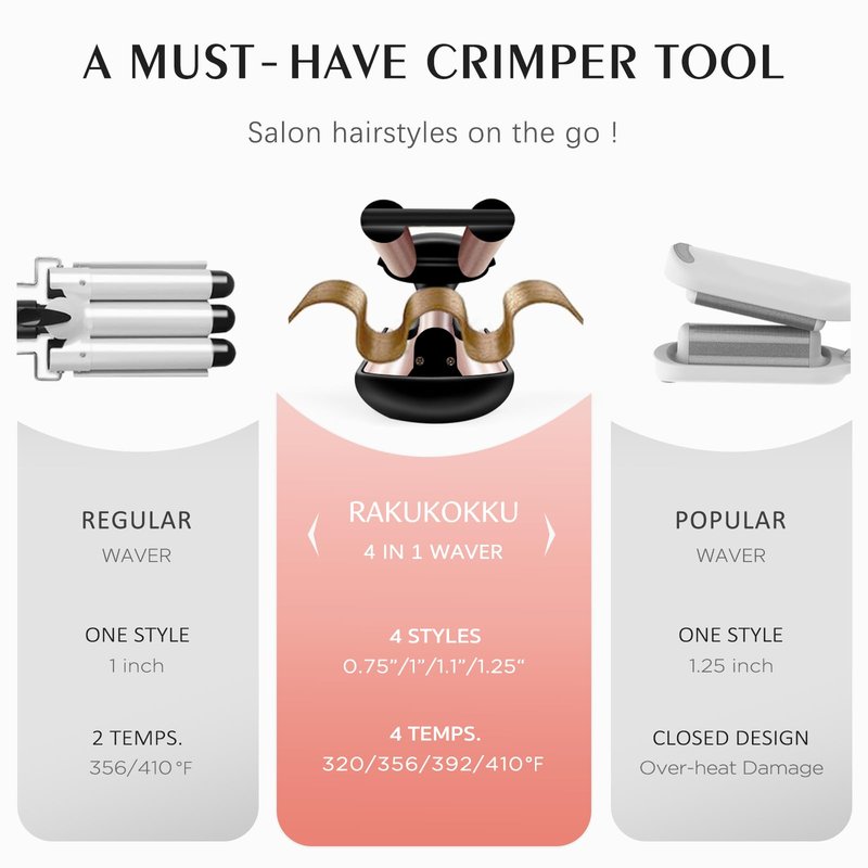4-in-1 Hair Crimper - Adjustable Barrel for Different Wavy Looks - 3 Barrels Waver Hair Tool for Women (Healthy Ceramic Curling, Dual Voltage, 30s Fast Heating, 4 Heat Setting Up to 410℉) Gold
